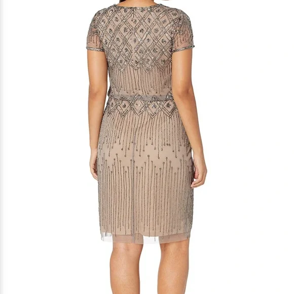 ADRIANNA PAPELL MERCURY NUDE BEADED ALLOVER SHORT SLEEVE BLOUSON COCKTAIL DRESS - Picture 2 of 6